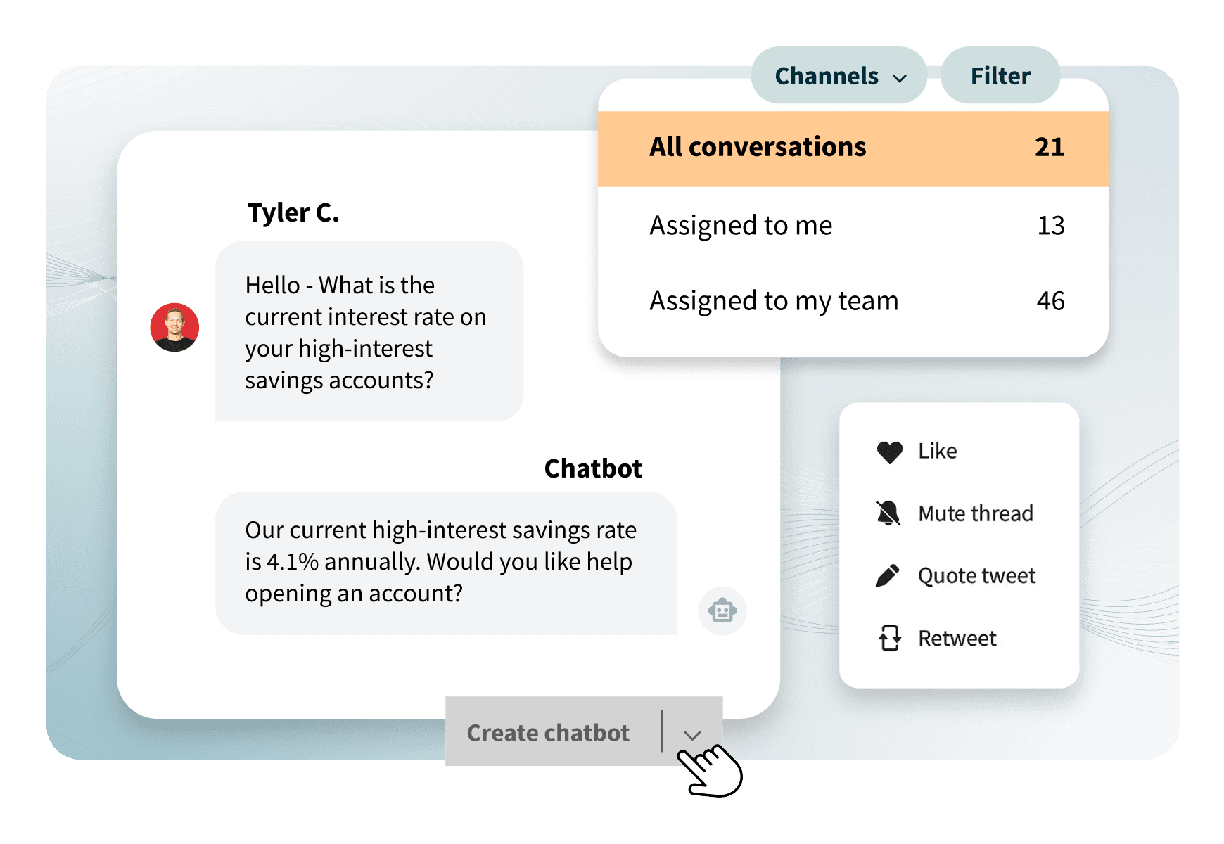 A customer service UI showing a chatbot conversation about savings rates, conversation filters, and social media action options.